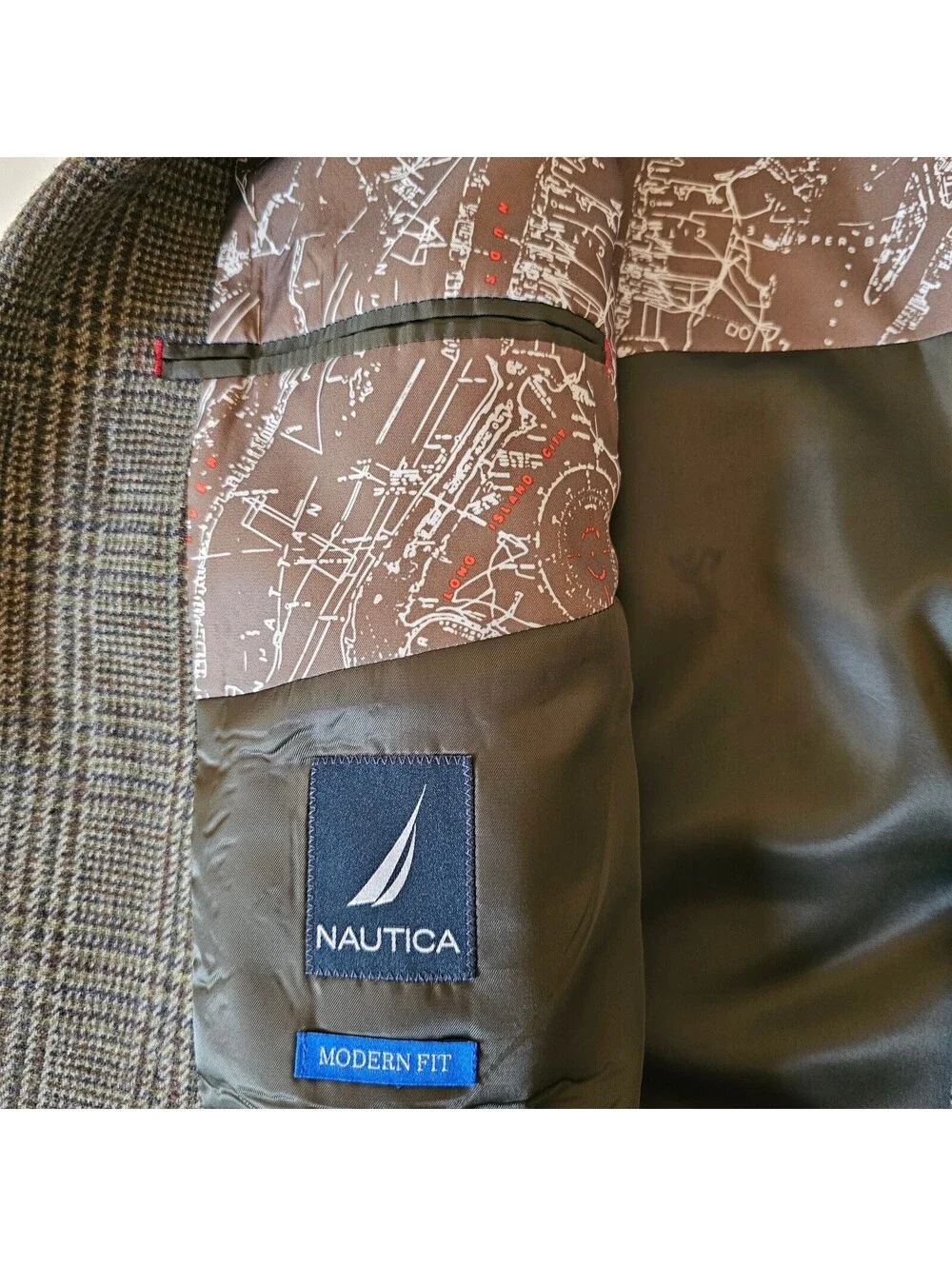 Nautica Modern Fit Mens Sport Coat Classic Brown Plaid Tailored size 50R